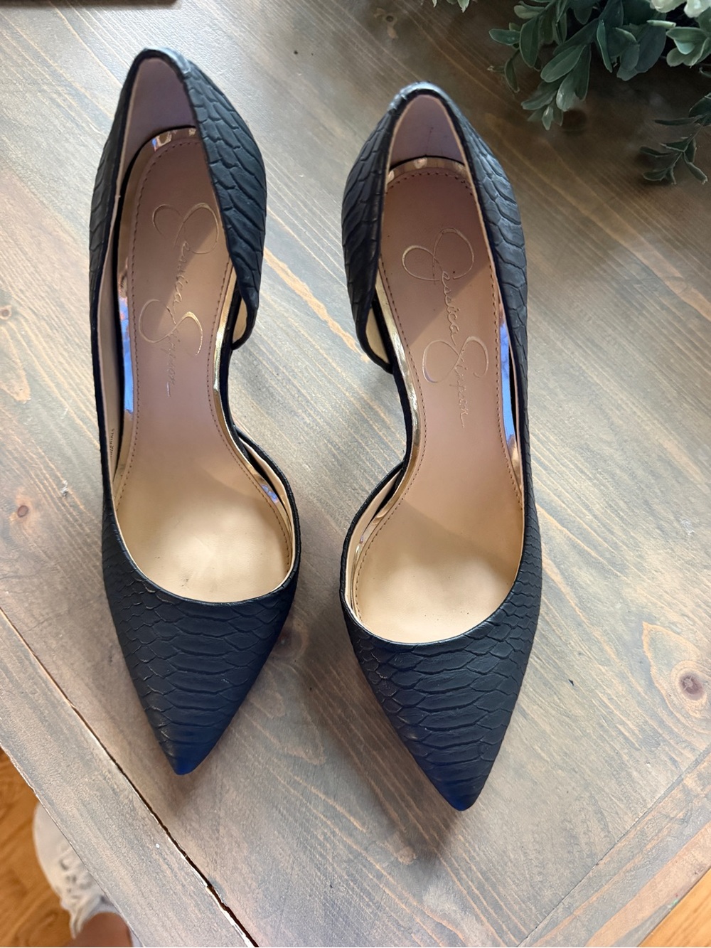 Jessica Simpson Black Faux-Snakeskin D'Orsay Pointed Pumps